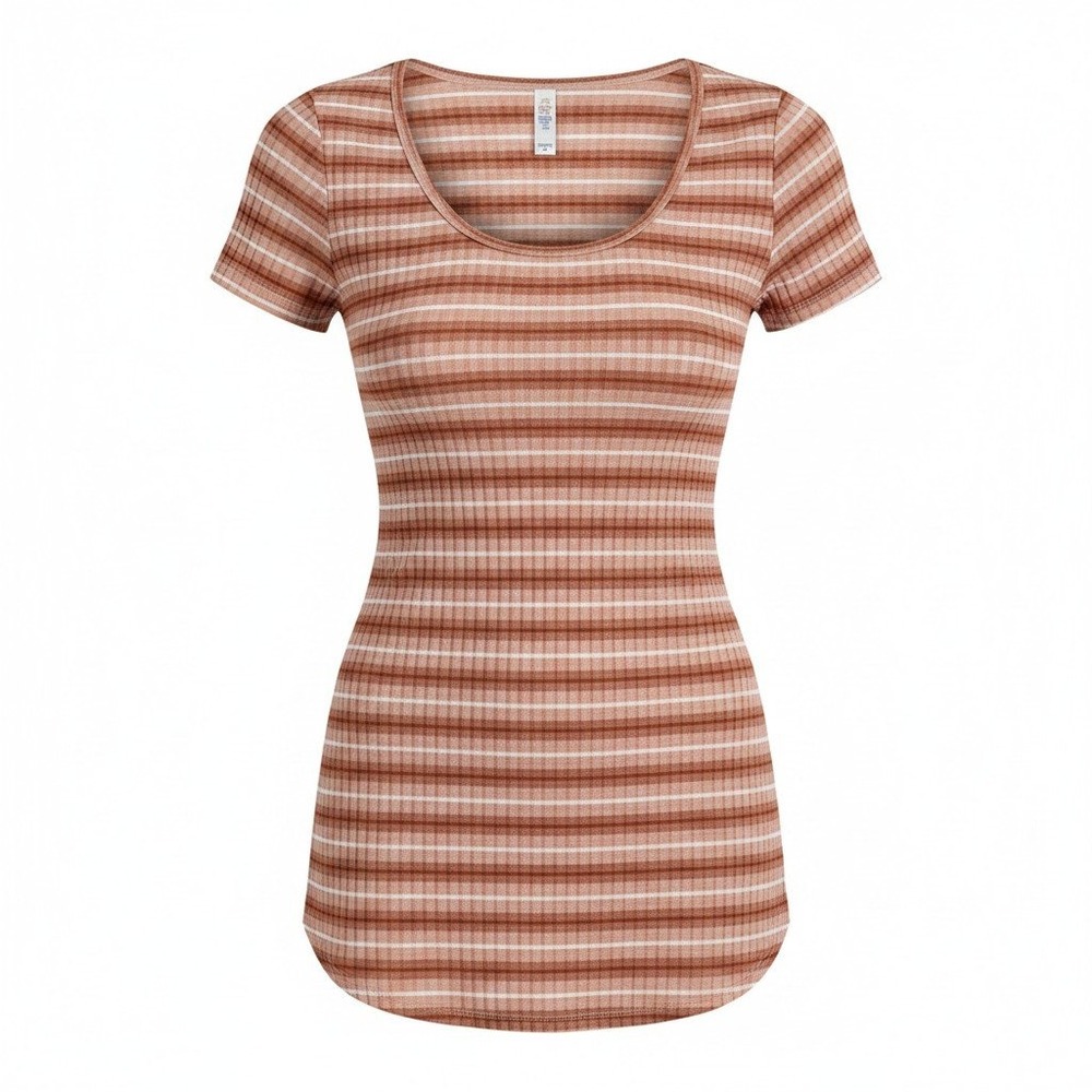 LuLaRoe Womens XS Striped Ribbed Knit Scoop Neck High Low Short Sleeve Top Pink